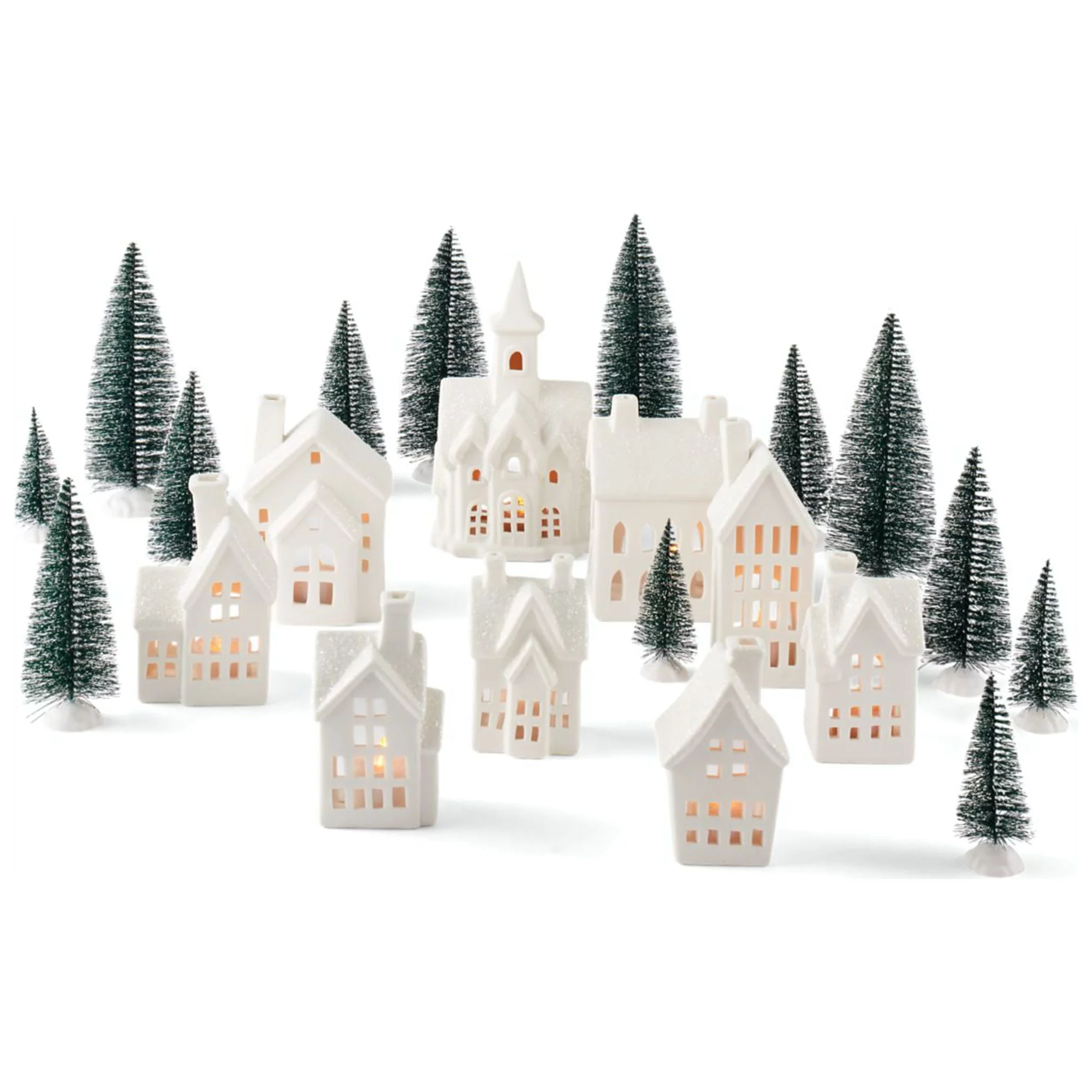 Bee & Willow 31-Piece LED Village Set with Timer Tea Lights in White/Green