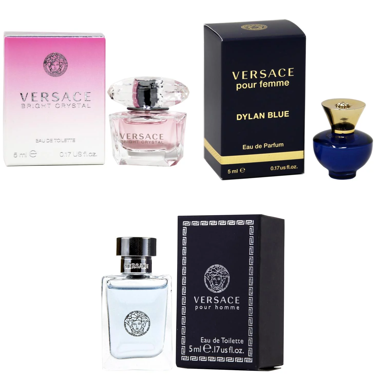 Versace Bright Crystal EDT, Dylan Blue Femme EDP, Pour Homme EDT - 5ml 3PK Kit