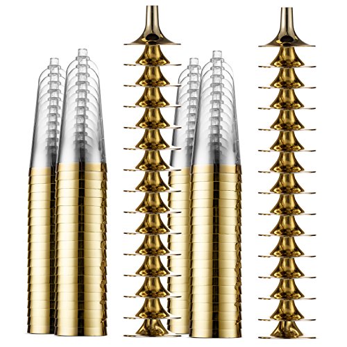 BloominGoods 50 Plastic Gold Rimmed Champagne Flutes | 5.5 oz. Clear Hard Disposable Party & Wedding Glass | Premium Heavy Duty Fancy Cup (50-Pack)