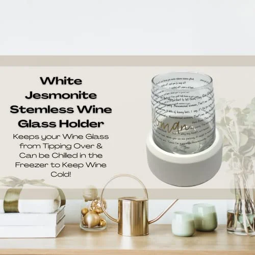 White Jesmonite Stemless Wine Glass Holder & Chiller - Prevents Wine from Tipping Over - Store in Freezer to Keep Wine Chilled - Handmade in USA! (White Jesmonite 1-Pack)