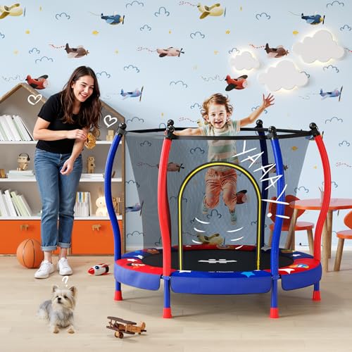 Happin® 55” Toddler Trampoline Indoor & Outdoor Playset, 5FT Kids Trampoline, Ultra Safe Mini Trampoline for Kids with Safety Enclosure Net, Gifts for Birthday with Basketball Hoop