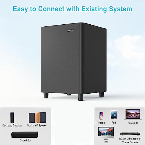 BESTISAN Powered Subwoofer, Deep Bass Sub, Down Firing Subs, Easy Setup with Home Theater System, Receiver, Speakers, Coaxial Cable Included, RCA, LFE, AUX Input, High-Level Speaker Input & Output
