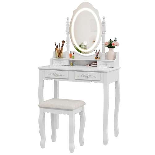 Vanity Desk with Mirror and Lights, Modern Vanity Makeup Table and Cushioned Stool Set with 4 Drawers, 3 Color Lighting Modes with Adjustable Brightness, Dressing Table Set for Bedroom (White)