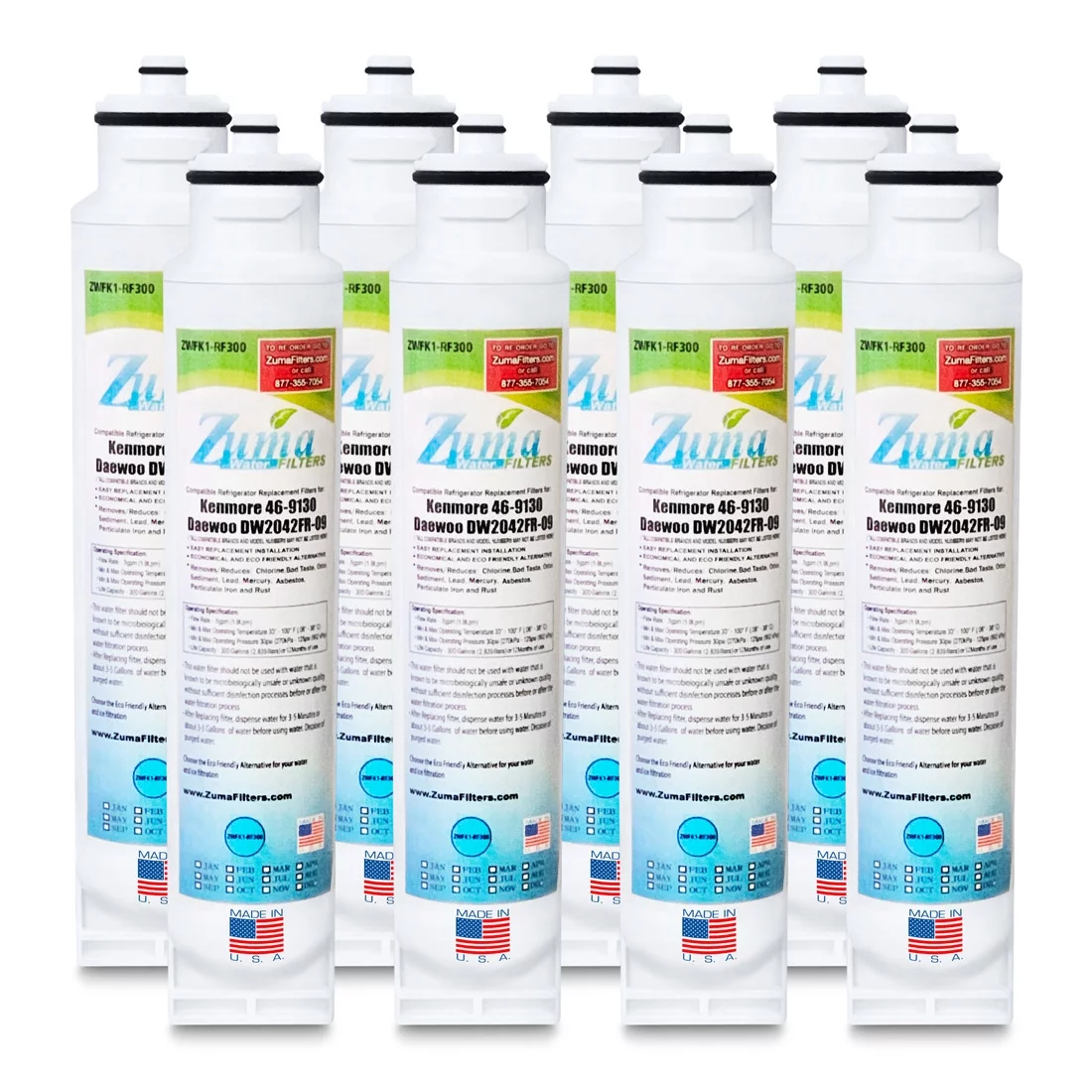 ZUMA Brand , Water and Ice Filter , Model # ZWFK1-RF300 , Compatible with Daewoo® / Kenmore® 73045 - 8 Pack - Made in U.S.A.
