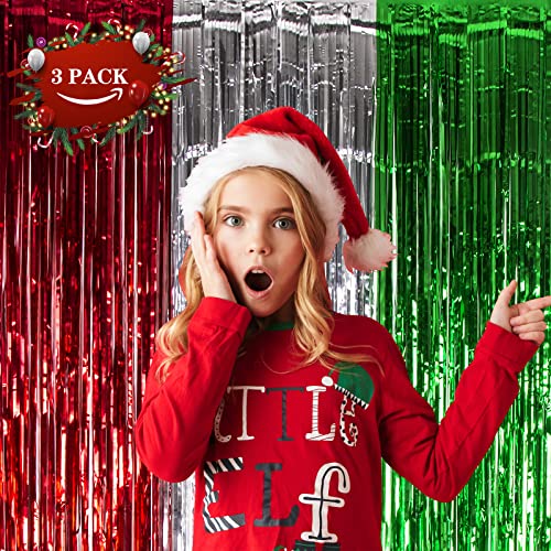 LOLStar 3 Pack Christmas Party Decorations 3.3 x 6.6ft Foil Fringe Curtains Red Silver Green Tinsel Metallic Photobooth Props Backdrop Streamers for Christmas in July, New Year, Ugly Sweater Party