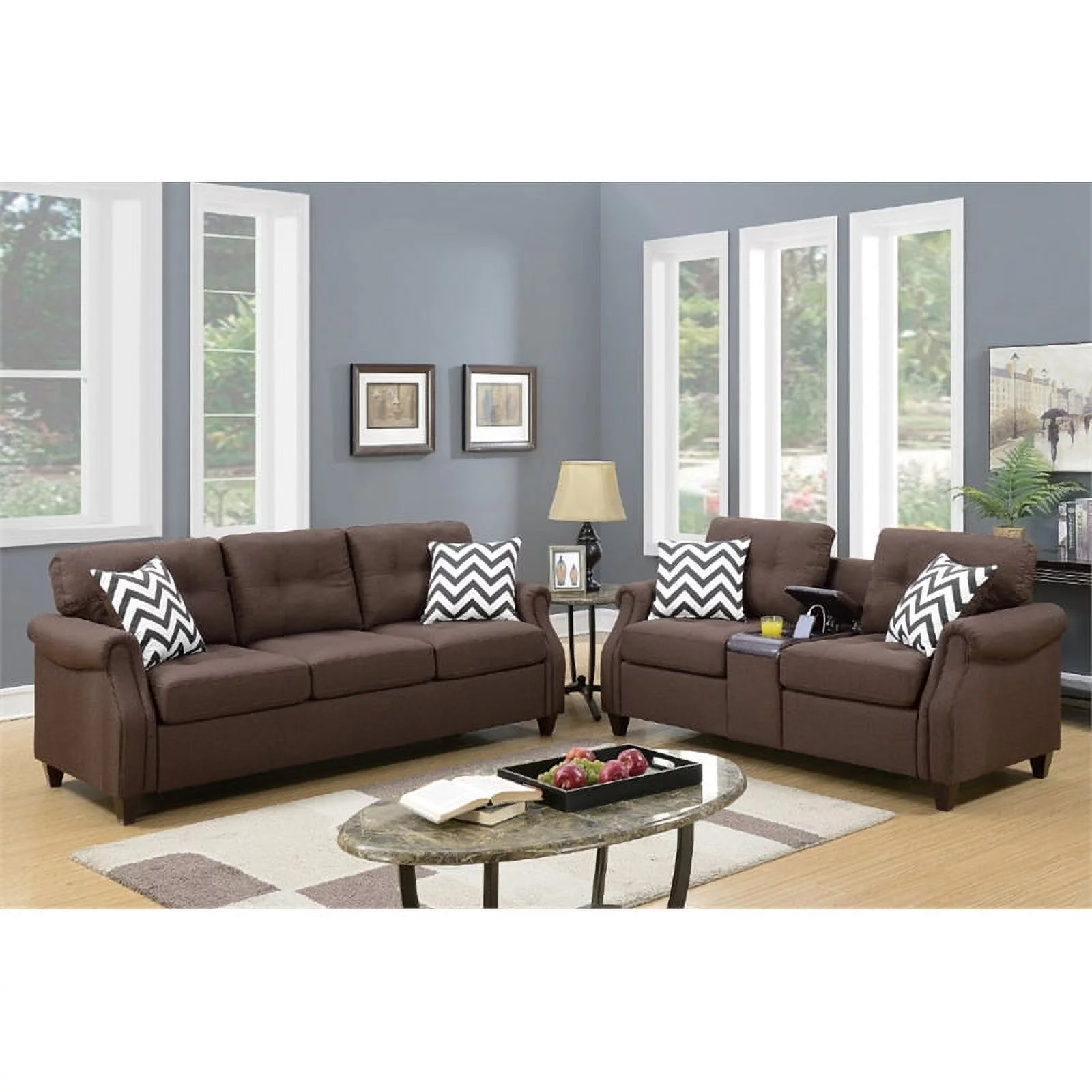 Poundex 2 Piece Fabric Sofa Set with USB Console in Dark Coffee