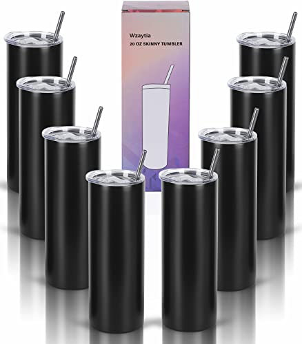 20 Oz Stainless Steel Straight Skinny Tumbler Set (8 Pack), Insulated Slim Thin Travel Cup with Lid, Black