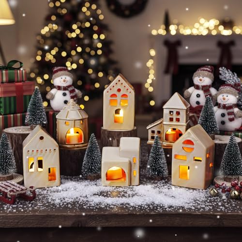 Ceramic Christmas Village Houses Porcelain Christmas Village Sets Matt Ceramic LED Lighted Xmas Town Houses Accessories Holiday Farmhouse Vintage Rustic Decor for Tabletop Mantle