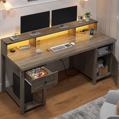 EnHomee Farmhouse Office Desk with Drawer & Power Outlets, Wood Computer Desk Monitor Stand for Bedchamber Study, Reversible Home Office Desks with Storage Cabinet for Working Writing Gaming,Ash Gray
