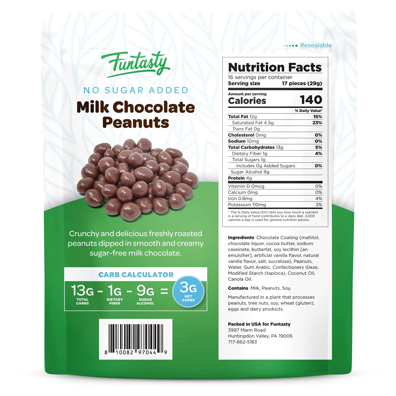 Funtasty Sugar Free Milk Chocolate Covered Peanuts, Keto Friendly, 1 Pound