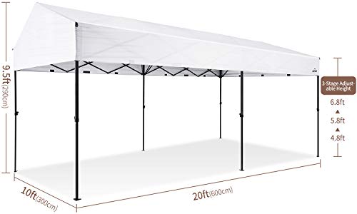 Suntime 10 Foot by 20 Foot Easy Pop Up Rectangular Canopy with Removable Sidewalls and Wheeled Carry Bag for Commercial and Recreational Use, White