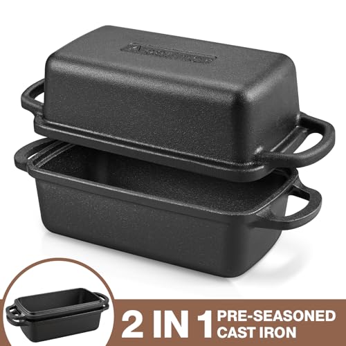 2 in 1 Cast Iron Bread Pan with Lid, Durable Loaf Pans for Baking Homemade Sourdough and Meatloaf, Bread Oven Cast Iron Cookware, Set of 2