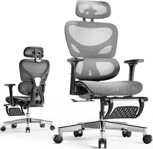 Huuger Mesh Office Chair with Footrest, Ergonomic Desk Chair with Lumbar Support, Comfortable Gaming Chair with Multi-tilt Angle Backrest, Headrest and 3D Armrest, Large Steel Base, Grey and Black