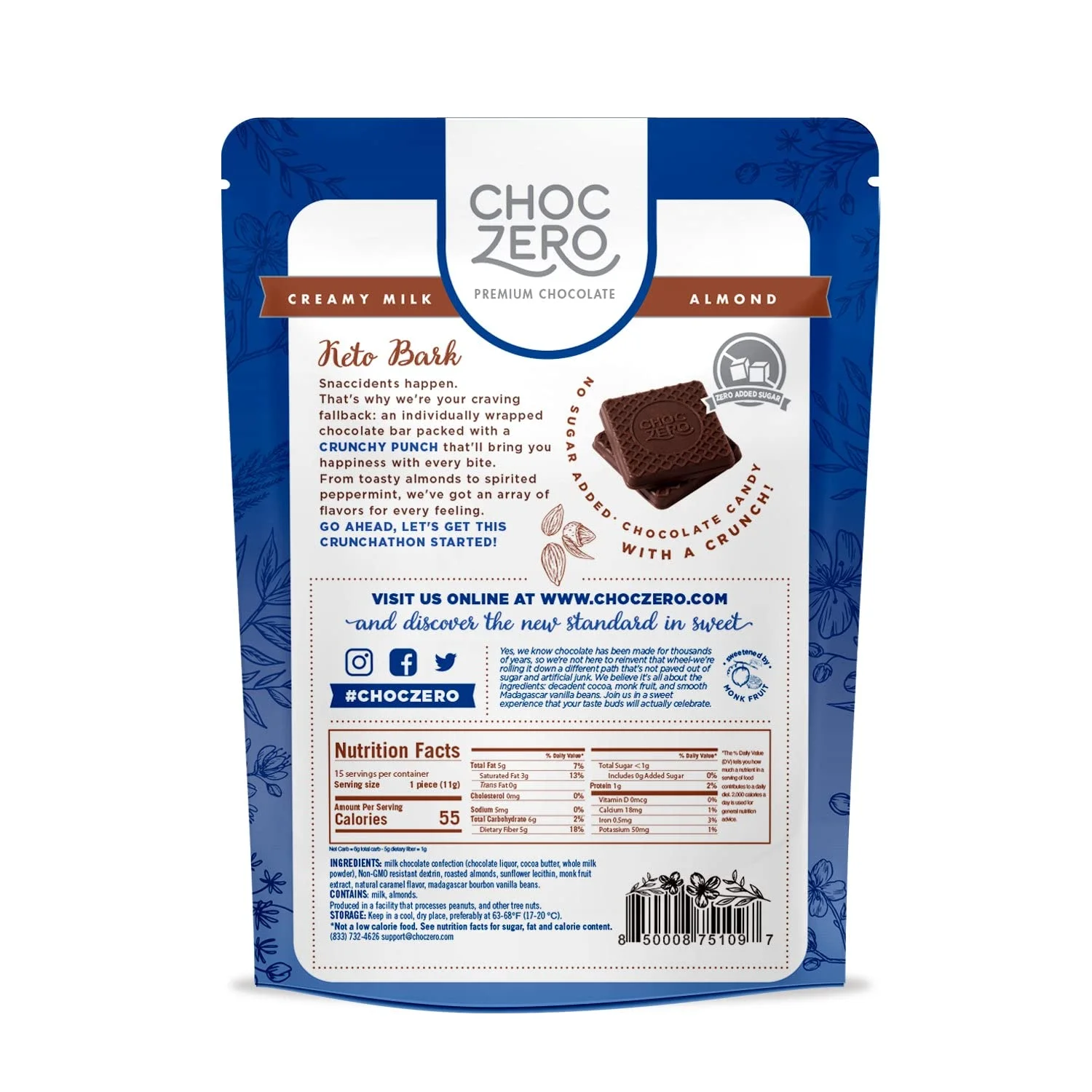 ChocZero, Keto Bark, Milk Chocolate, Almond, 6 Bars, 1 oz Each Pack of 2