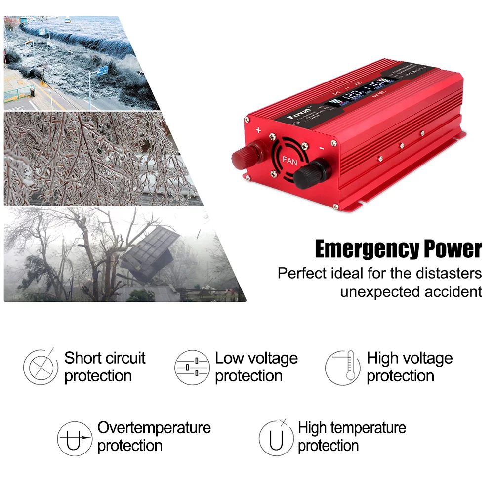 LVYUAN 800 Watts Power Inverter Modified Sine Wave Car Converter Charger Adapter 2USB DC 12V to AC 110V 120V LCD Display Red