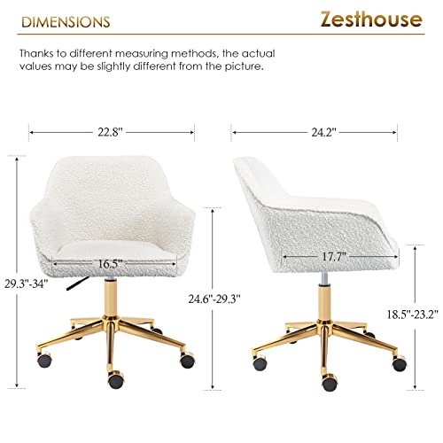 Zesthouse Modern Desk Chair with Wheels, White Swivel Vanity Chair for Girls Women, Upholstered Home Office Chair Boucle Armchair for Bedroom, Height Adjustable Computer Task Chair, Gold Base