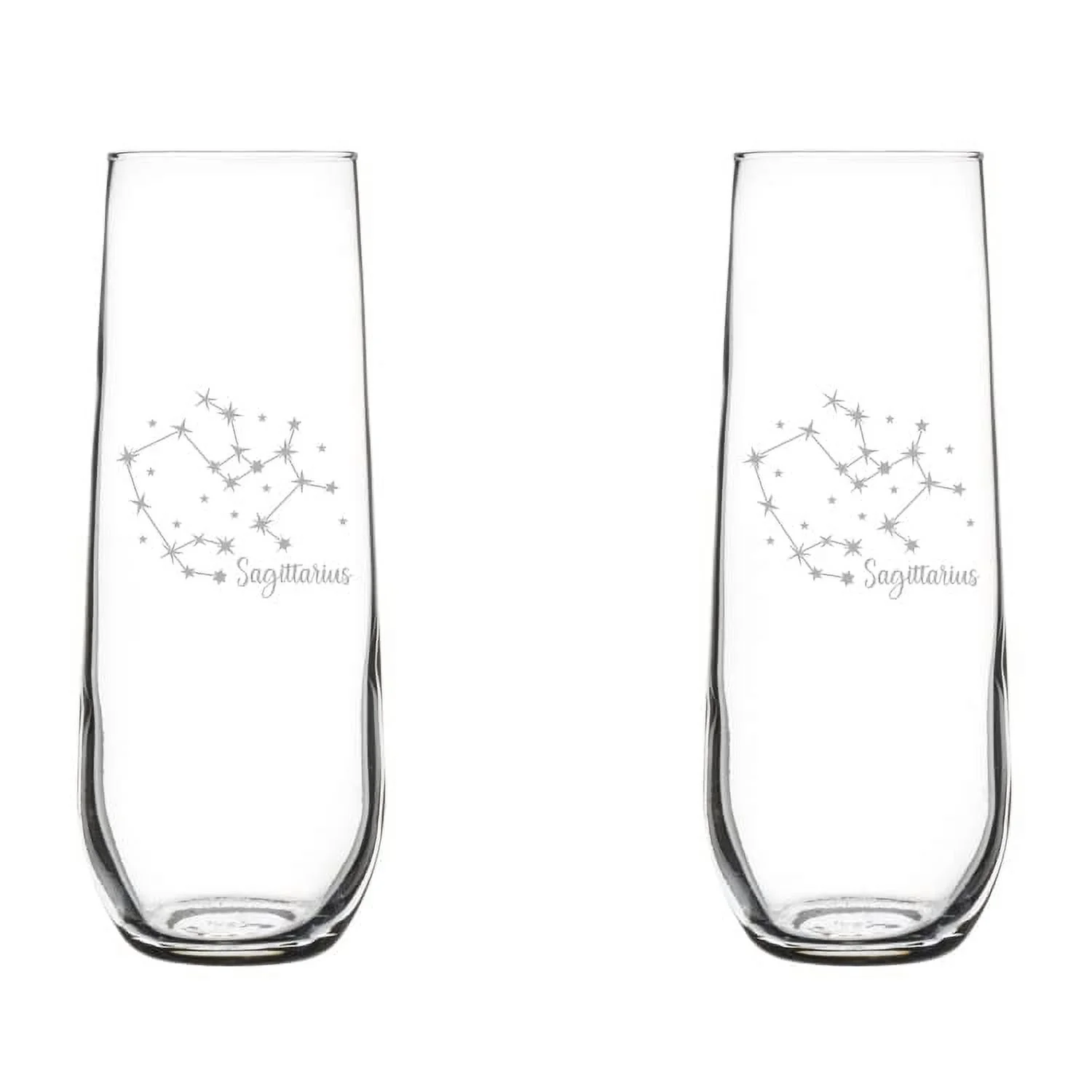 Set of 2 Glass Champagne Flutes Sparkling Wine Glasses Star Zodiac Horoscope Constellation 8.5 oz Stemless (Sagittarius)