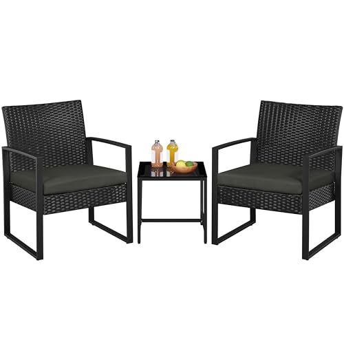 Yaheetech 3 Pieces Rattan Bistro Set, Indoor/Outdoor Wicker Patio Modern Conversation Furniture, 2 Chairs & Tempered Glass Coffee Table for Garden, Balcony, Backyard, Poolside, Black/Gray