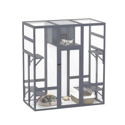 COZIWOW 70Inches Large Stable Spacious Wooden Catio Outdoor Cat Enclosure with Perches and Condos, Cat Cage Indoor with Waterproof Roof, 7 Platforms & 2 Resting Box, UV Resistant (Grey)