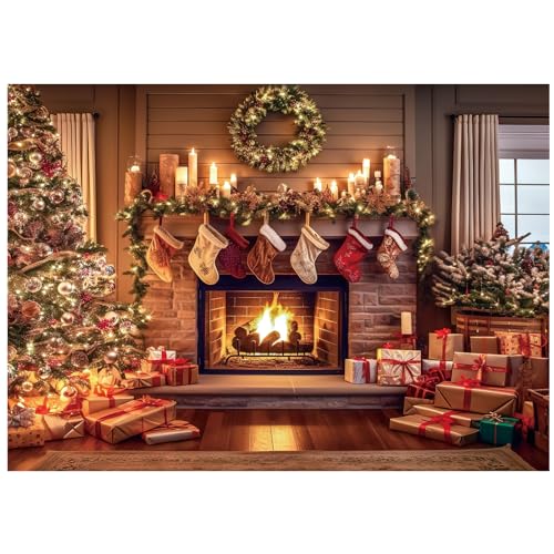 VitalCozy Christmas Fireplace Backdrop Christmas Xmas Tree Stocking Polyester Background Decoration for Photo Studio Props(Colorful,10 x 8 ft)