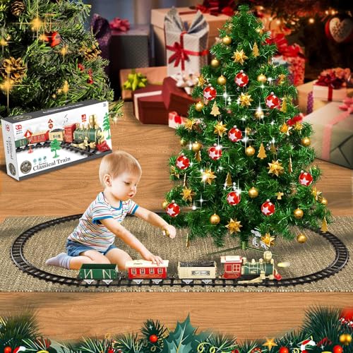 JUQU Christmas Train Set for Kids Ages 3-8 – Battery Operated Toy Train with Lights, Sounds, 3 Cars & 10 Tracks, Classic Christmas Tree Train Set for Under or Around Tree Gift