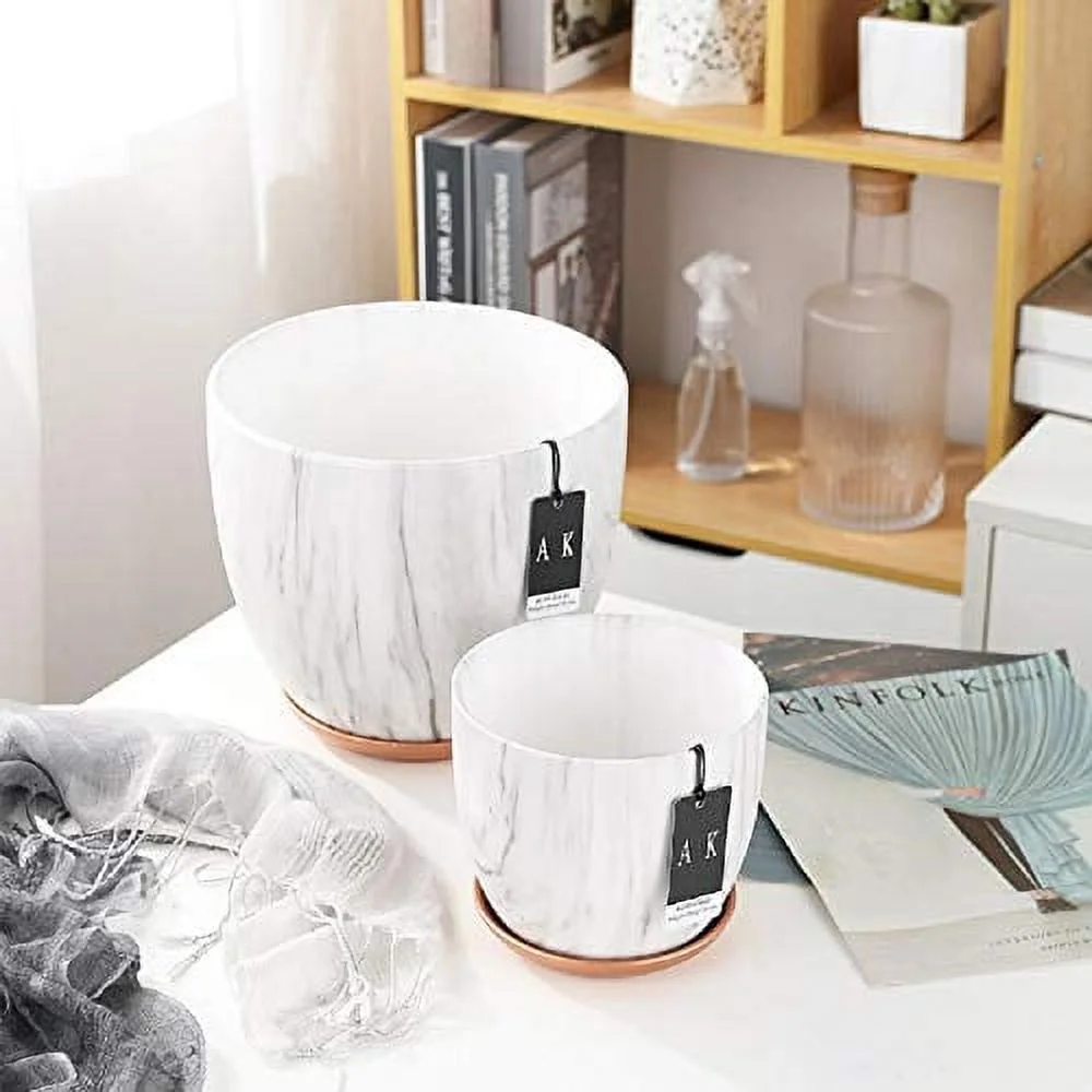 FEIAA Ceramic Planter Flower Pot 6 Inch Orchid Plant Pots with Holes and Saucer Modern Marble White Gold Container for Home Decoration Indoor Outdoor