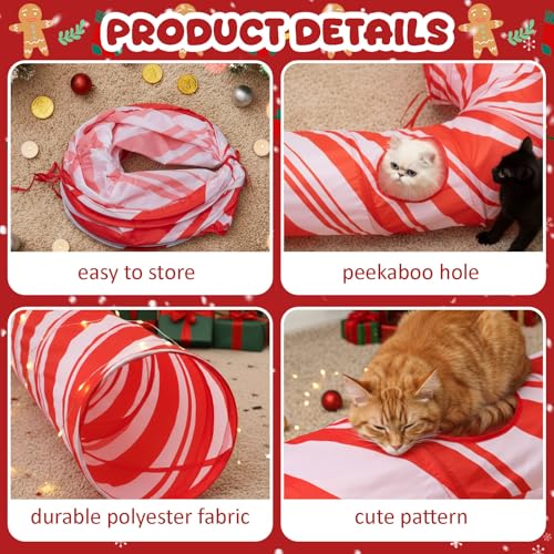 Aliceset Christmas Cat Tunnel Red Candy Cane Cat Toys Christmas Tree Kitty Tunnel Pet Xmas Interactive Safety Spring Steel Frame