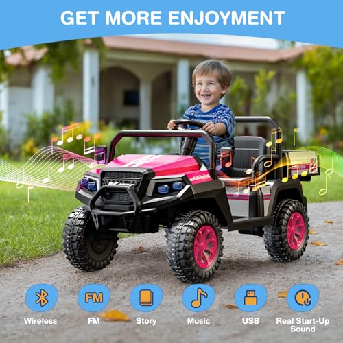 R8 12V Ride on Car, 2-Seater Electric Car for Big Kids, 4-Wheel Suspension w/Remote Control, Pickup Trunk Bed, Extra Shovel, Battery Indication, 2 Speeds, Music, Wireless, LED Lights