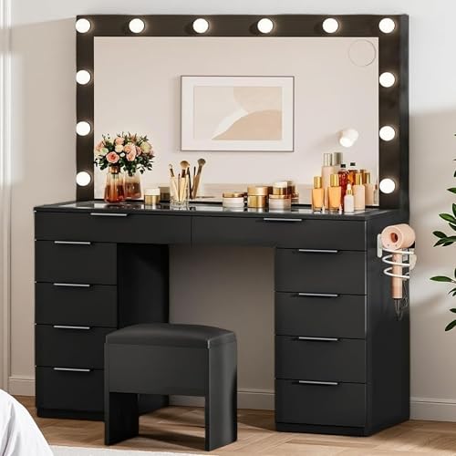 DWVO 46'' Glass Top Makeup Vanity with 10 Drawers, Vanity Desk Set with Large LED Mirror, Built-in Charging Station & Cushioned Storage Chair, Dressing Table with 3-Color Light Modes, Cream White