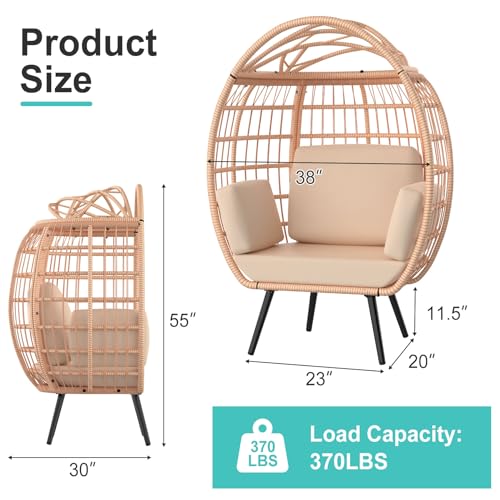 ZENPETIO Wicker Egg Chair, Oversized Indoor Outdoor Lounger with 4 UV Resistant Cushions, Storage Bag, All-Weather Wicker Egg Lounger Chair for Patio, Backyard, Living Room, 370lbs Capacity - White