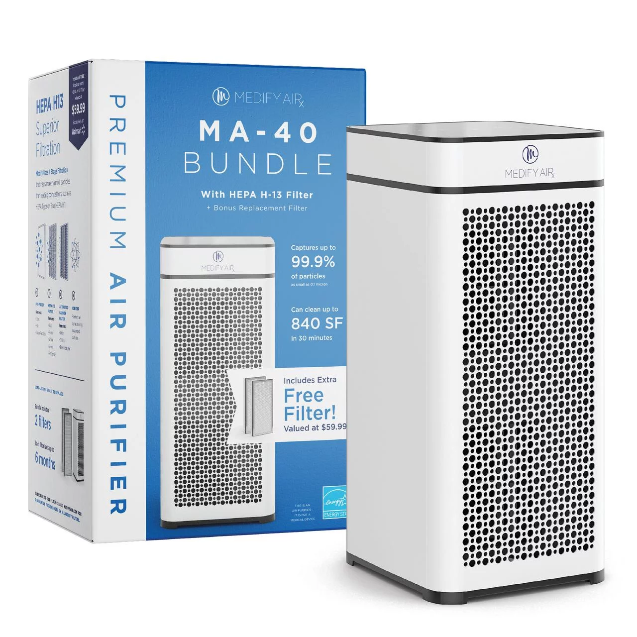 Medify Air MA-40 Value Pack Includes a Free Set of Replacement Filters - H13 HEPA, White (Walmart Exclusive)