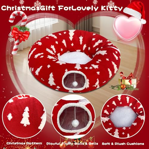 LUCKITTY Christmas Snowflake Print Cat Tunnel Under Tree, Velvet-Touch Jacquard Fabric with Hanging Plush Ball, 10-Inch Diameter 3-Ft Wide Round Pet Tube - Plush & Festive Cat Diversion Red