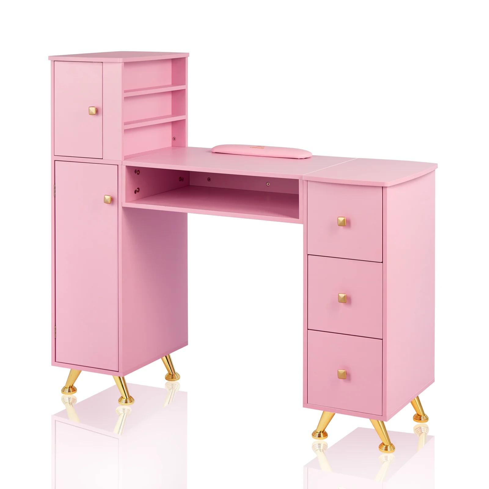 LUXMARS Manicure Table Nail Table for Technician w/Wrist Rest & Plastic Table Mat, Acetone Resistant Nail Desk Station w/Large Capacity Storage Space, for Home Spa Beauty Salon - Pink