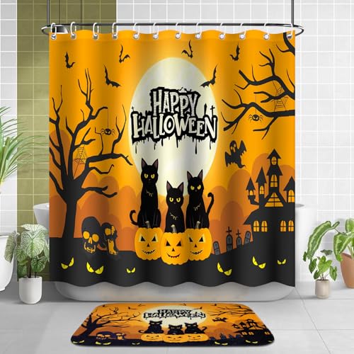 4Pcs Christmas Shower Curtain Set - Merry Christmas Bathroom Set Holiday Shower Curtain with Non-Slip Rugs, Toilet Lid Cover and Bath Mat