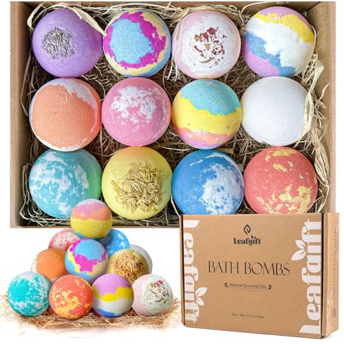 Leafgift Bath Bombs Gift Set, 12pcs Handmade Bath Fizzies with Natural Sea Salt Cocoa & Shea Butter, Perfect for Bubble Bath Spa, Moisturizing Dry Skin, Stress Relief, Best Gift for Women, Men