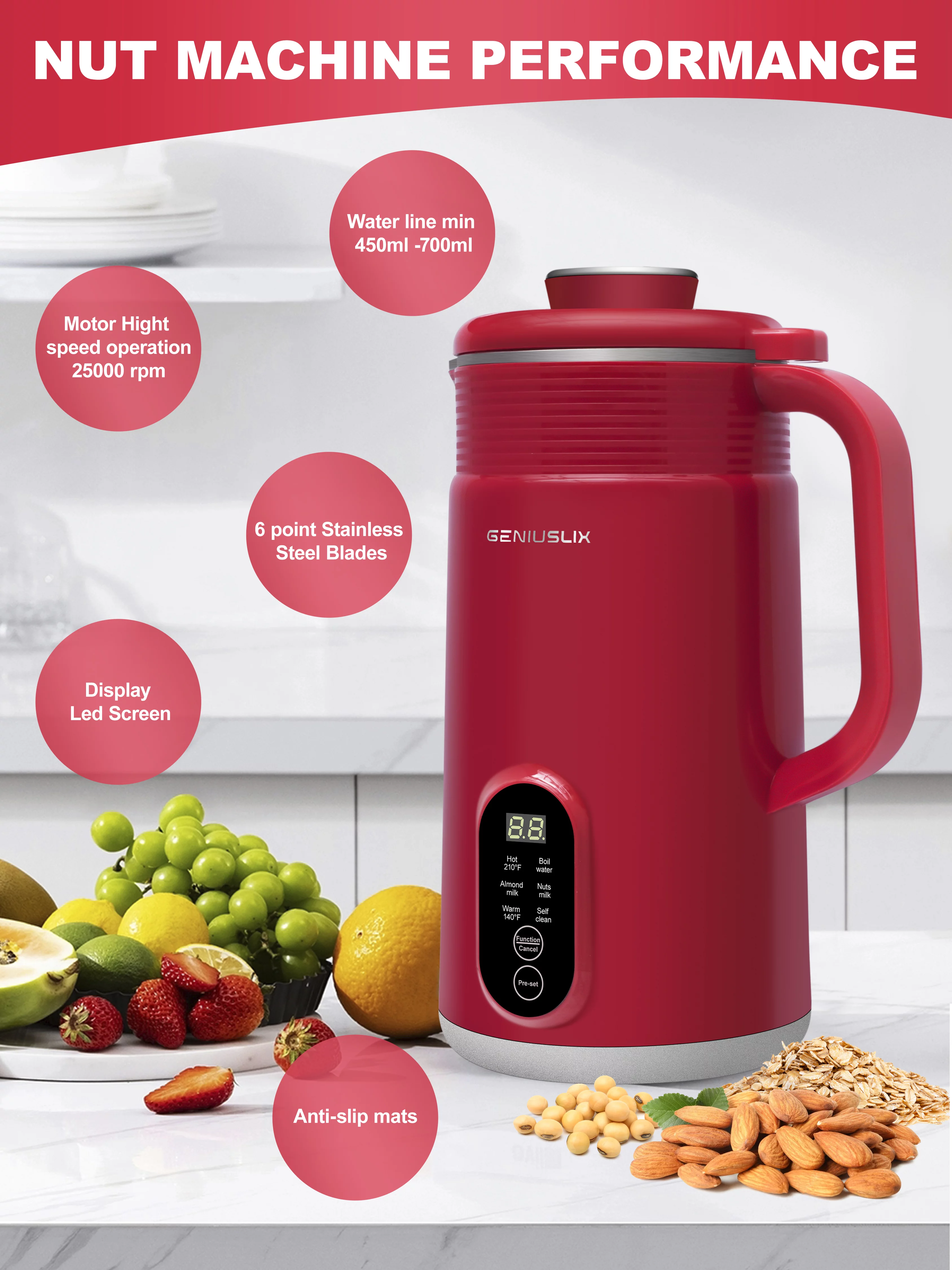 Geniuslix Automatic Vegan Nut Milk Maker Machine - Auto Clean & Temperature Control Plant Based Blender - Stainless Steel, Non-Dairy Beverages - Oat/Coconut/Soy/Cashew/Almond Milk Machine with Recipe