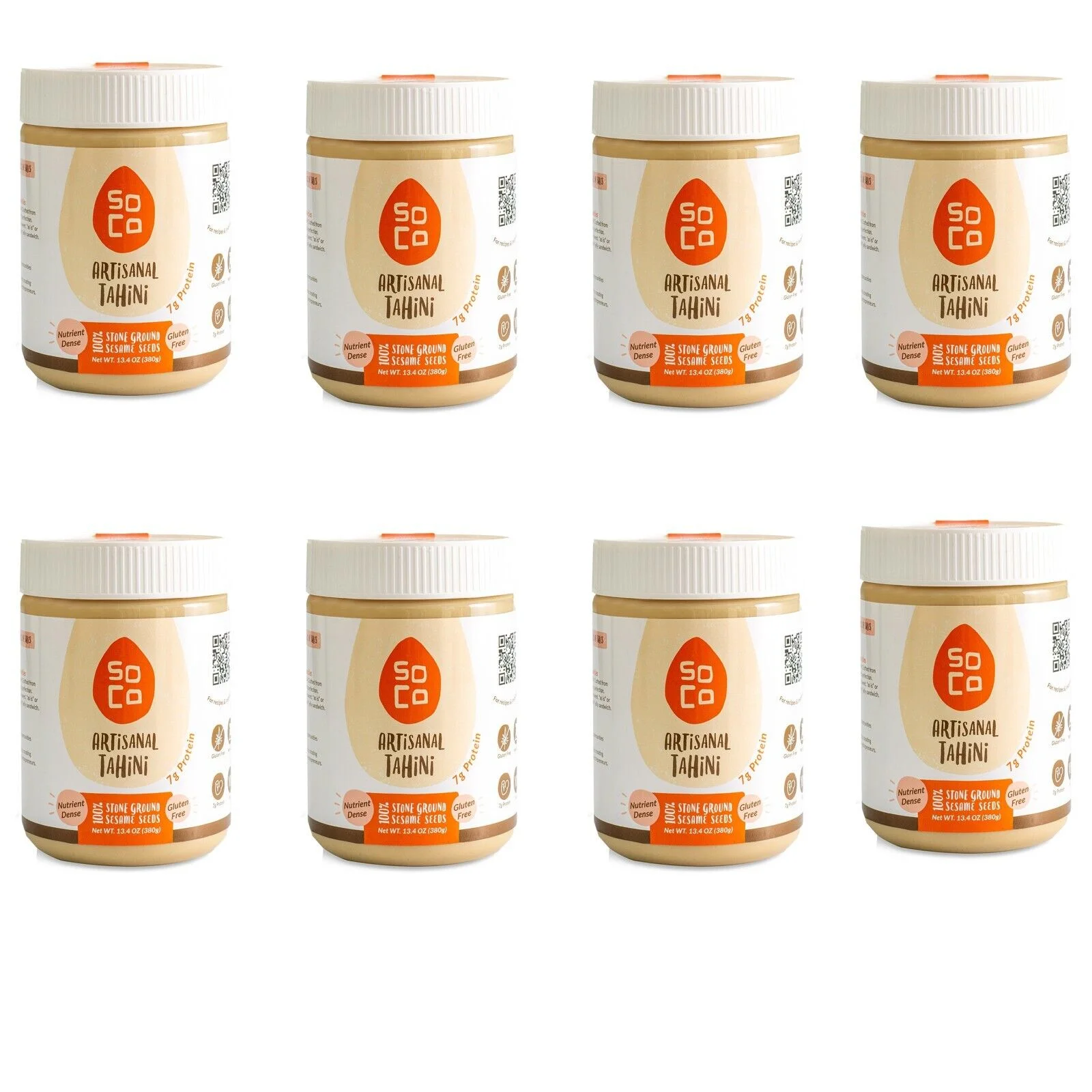 Artisanal Tahini Paste, Pure Ground Sesame Paste Tahini for Hummus, Vegan Dressings and Sauces, Plant-Based, Gluten-Free, Non-GMO, Kosher Condiment, 13.4 oz (380 g), Pack of 8 - SoCo