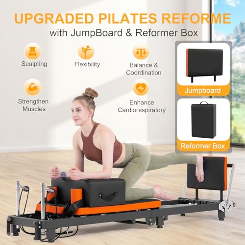 Pilates Reformer, Foldable Pilates Machine with Jump Board & Pilates Box (4 Springs & 5 Resistance Cords) for Home Gym Workout, Pilate Equipment Kit for Beginners & Advanced Users, Up to 500 LBS