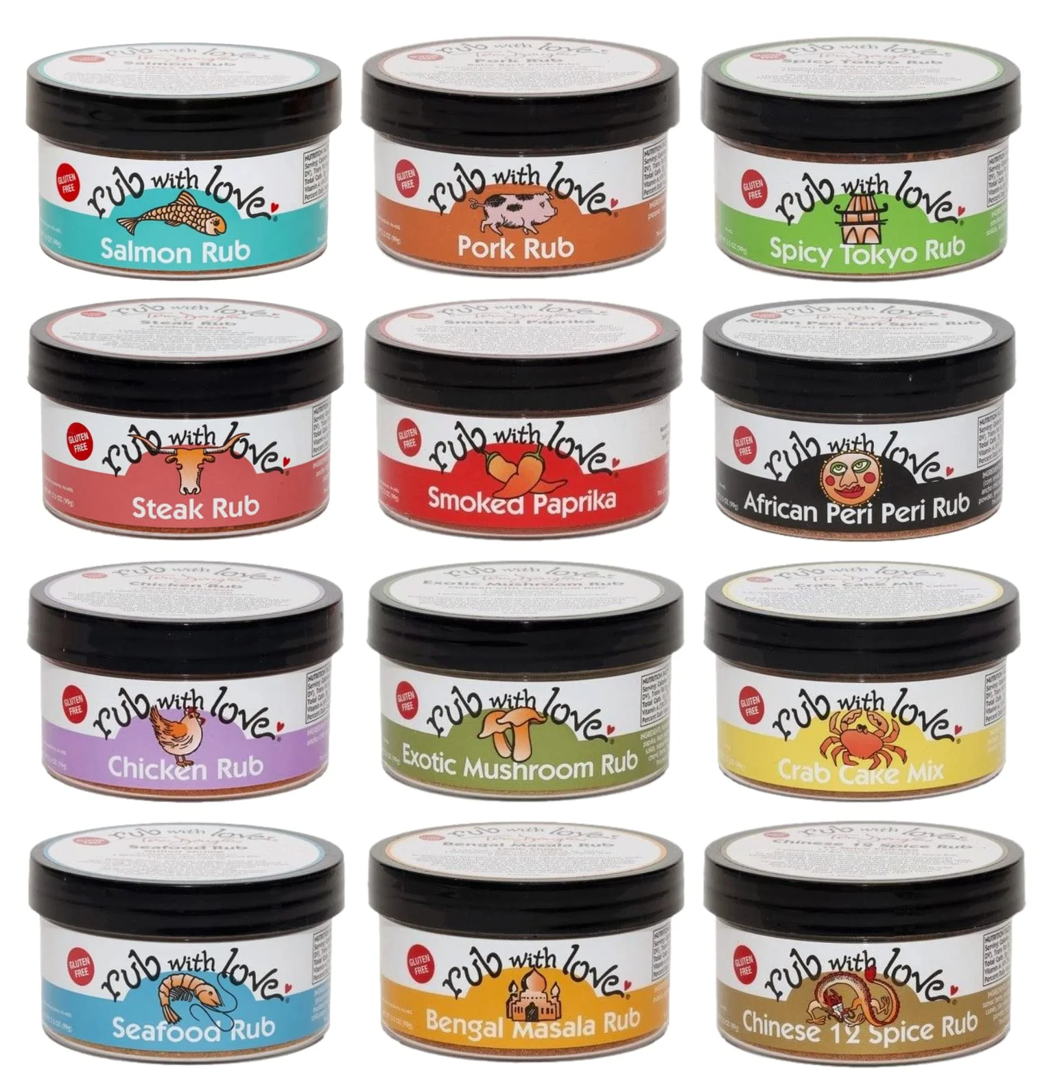 Rub with Love, Ultimate Meat Rubs and Seasonings Gift Set (12 Jars) Grilling and BBQ Spices for Fish, Chicken, Pork, or Steak
