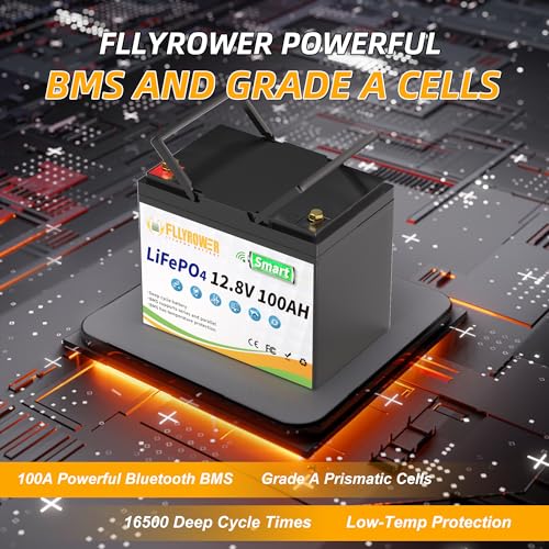 FLLYROWER 12V Lithium Battery 100AH With BMS and 16500 Deep Cycles 12V 100AH Lifepo4 Battery Grade A Cells for Marine Trolling Motor RV camping Solar Golf Cart Off-Grid