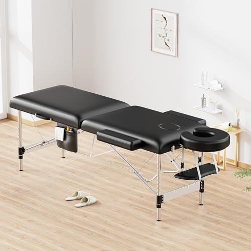 Brelley Massage Table Portable, 2-Fold Lash Bed with Side Pocket, Adjustable Height, Sturdy Aluminum Frame, Esthetician Spa Facial Bed, Tattoo Bed with Face Cradle & Carrying Bag, Black