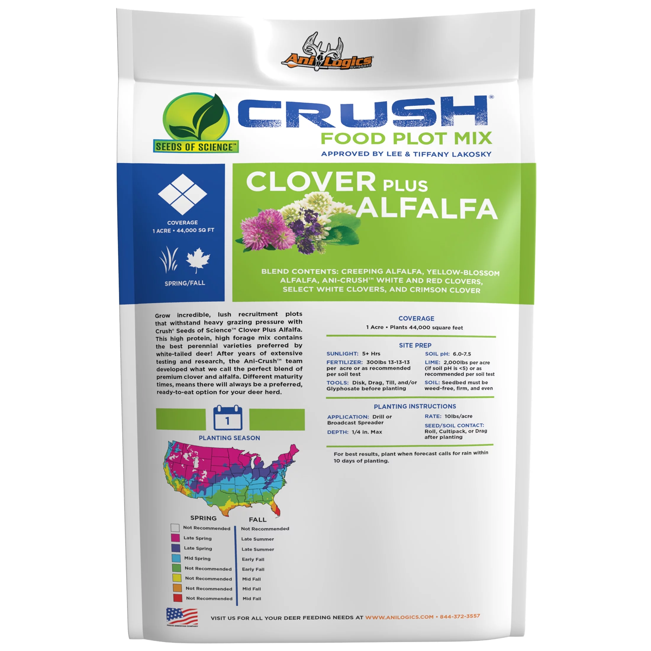 Ani-Logics Outdoors Crush Seeds of Science Clover plus Alfalfa Deer Food Plot, 10 lb Bag