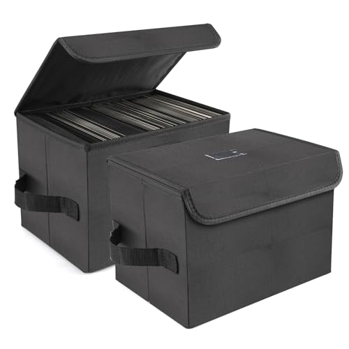 alavisxf xx 7-inch Vinyl Record Storage Box, Nylon Foldable and Stackable Set of 2 Vinyl LP Storage Organizer Case with Lid and Handle Can Hold 120 Single Record (7-inch)