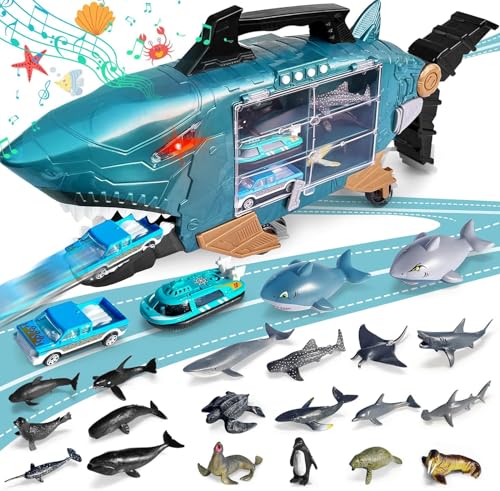 Shark Toys with led, Music Ocean Animals Toys, Shark Truck Toys with 2pcs Toy Trucks, 2pcs Cars,18pcs sea Animal Toys for 3+ Year Old Kids