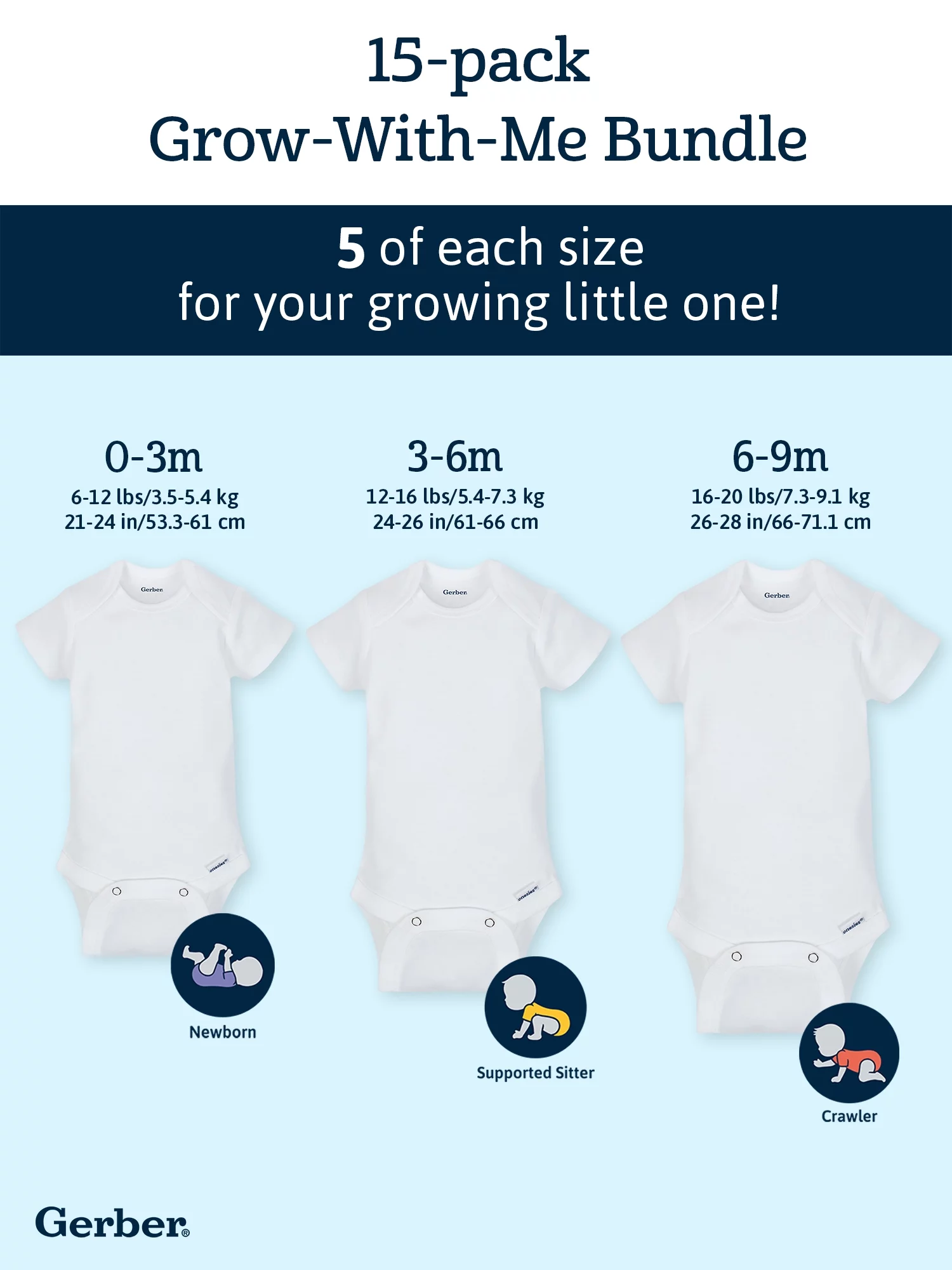 Gerber Baby Boy or Girl Gender Neutral White Onesies Short Sleeve Onesies Bodysuits Grow-With-Me Bundle, 15-Pack