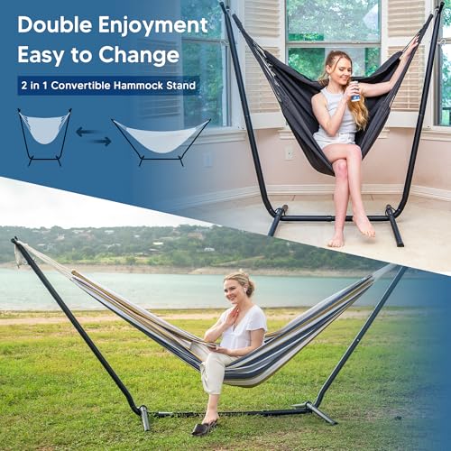 SUNCREAT 2-in-1 Hammocks Hammock Chair with Stand, 475 lbs Capacity, Heavy Duty Two Person Hammock with Stand, Patent Pending, Blue Stripe