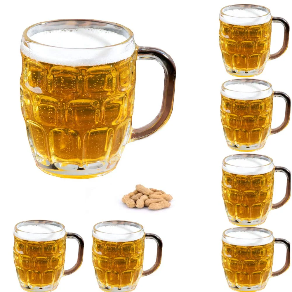 Set of 6 Dimple Stein German Irish Beer Glass Mug With Large Handle -16 oz Clear
