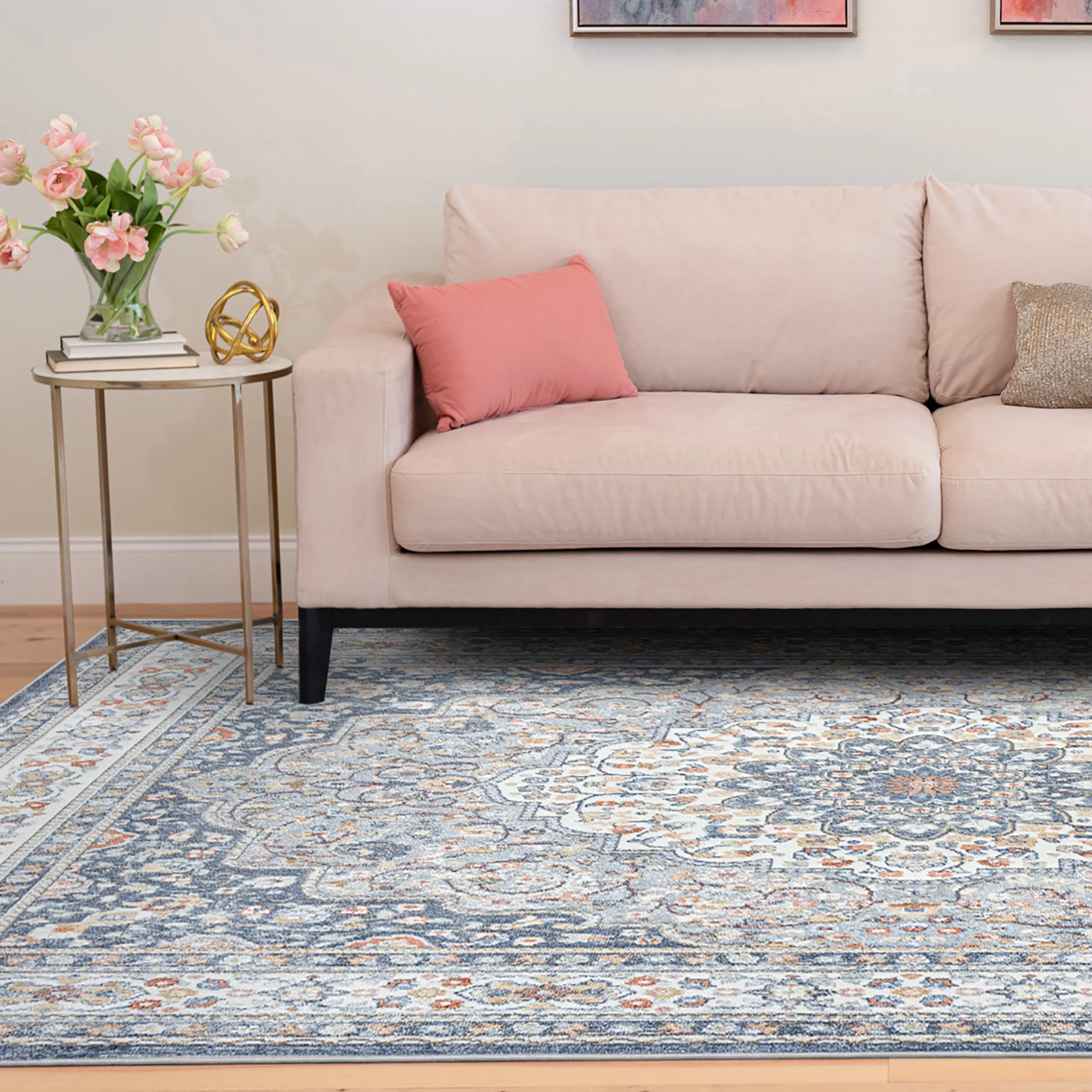 Traditional 5x8 Area Rug (5'3'' x 7'3'') Medallion Navy, Gray Living Room Easy to Clean