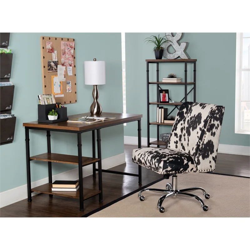 Pemberly Row Sturdy Rustic Desk with 2 Wood Shelves and Metal Frame in Black