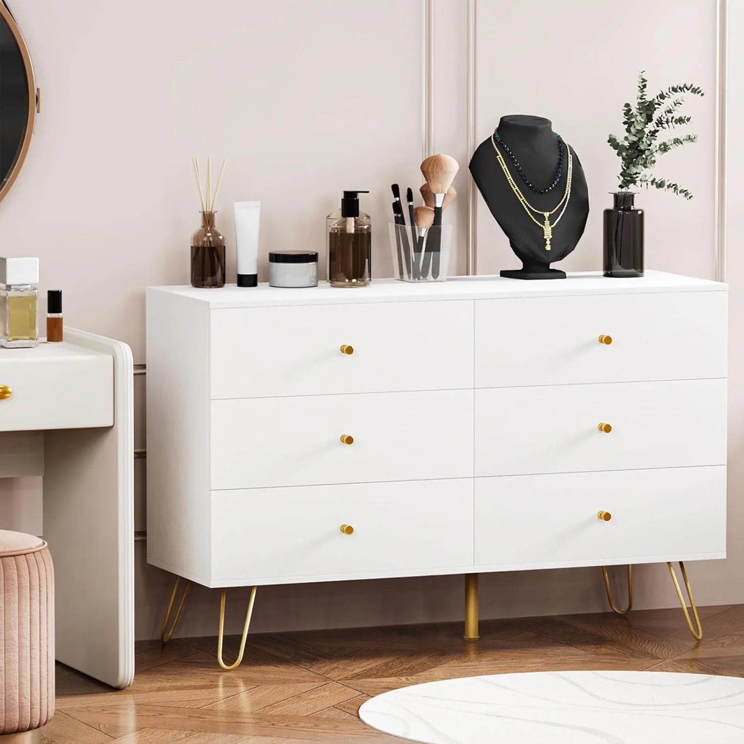 REHOOPEX White Dresser for Bedroom with 6 Drawers, Nursery Dresser for Living Room, Kids Room